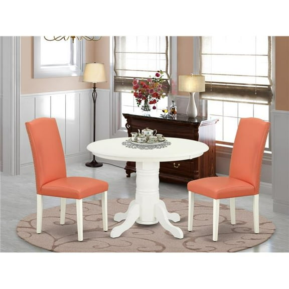 42 in. Shelton Round Dinette Table & Parson Chair with Linen White Leg & Pu Leather - Pink Flamingo, 3 Piece