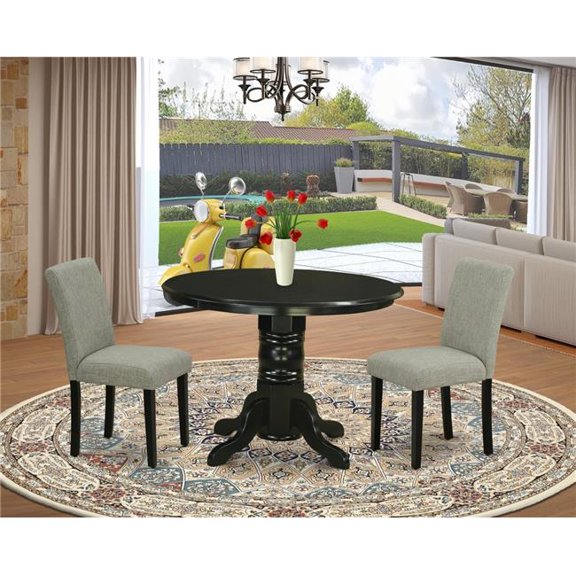 42 in. Shelton Round Dining Room Table & Two Parson Chair with Black Leg & Linen Fabric - Shitake, 3 Piece