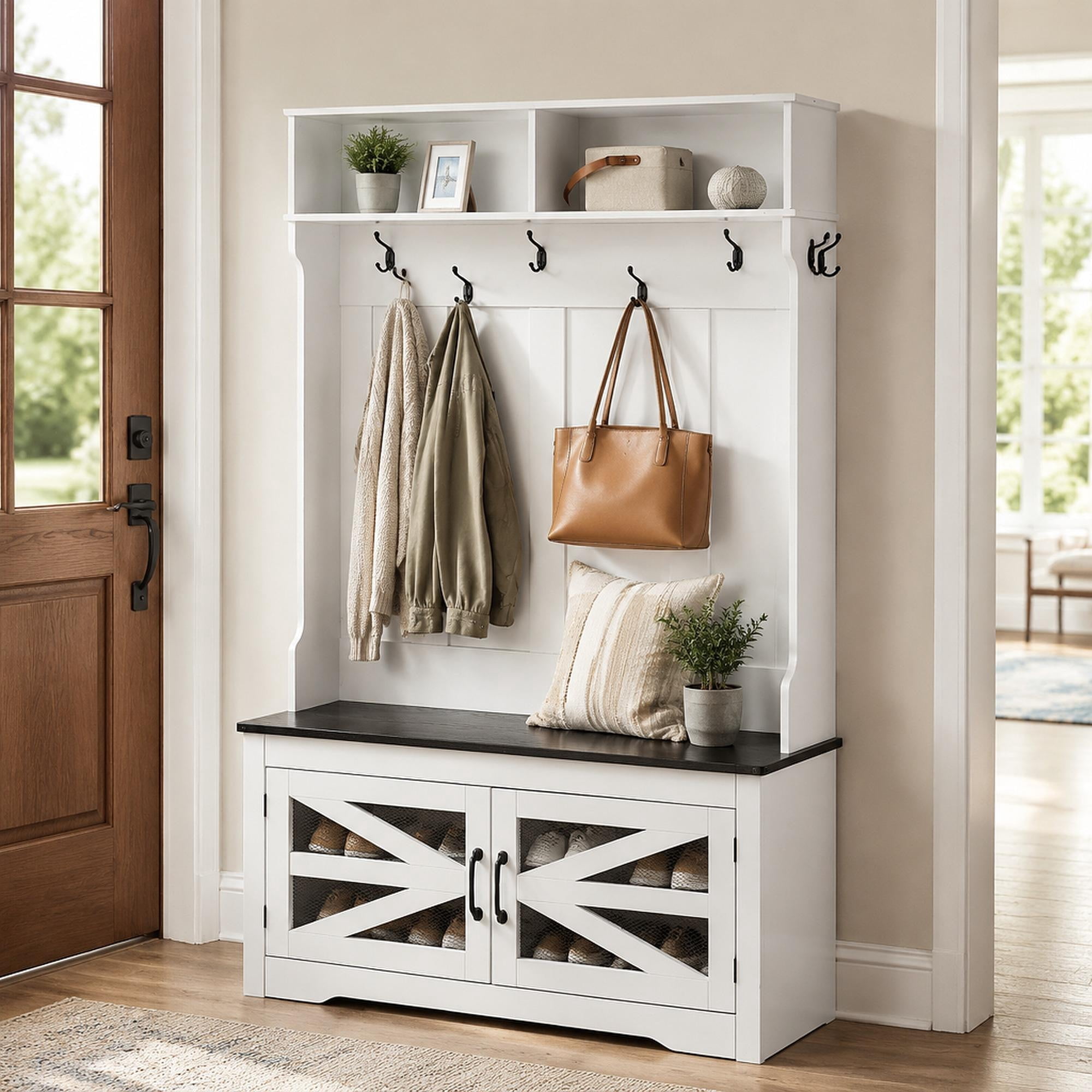 Mud Roo Rack 42 in Wide Hall Tree Entryway Bench, Coat Rack with Shoe Storage, 7 ...