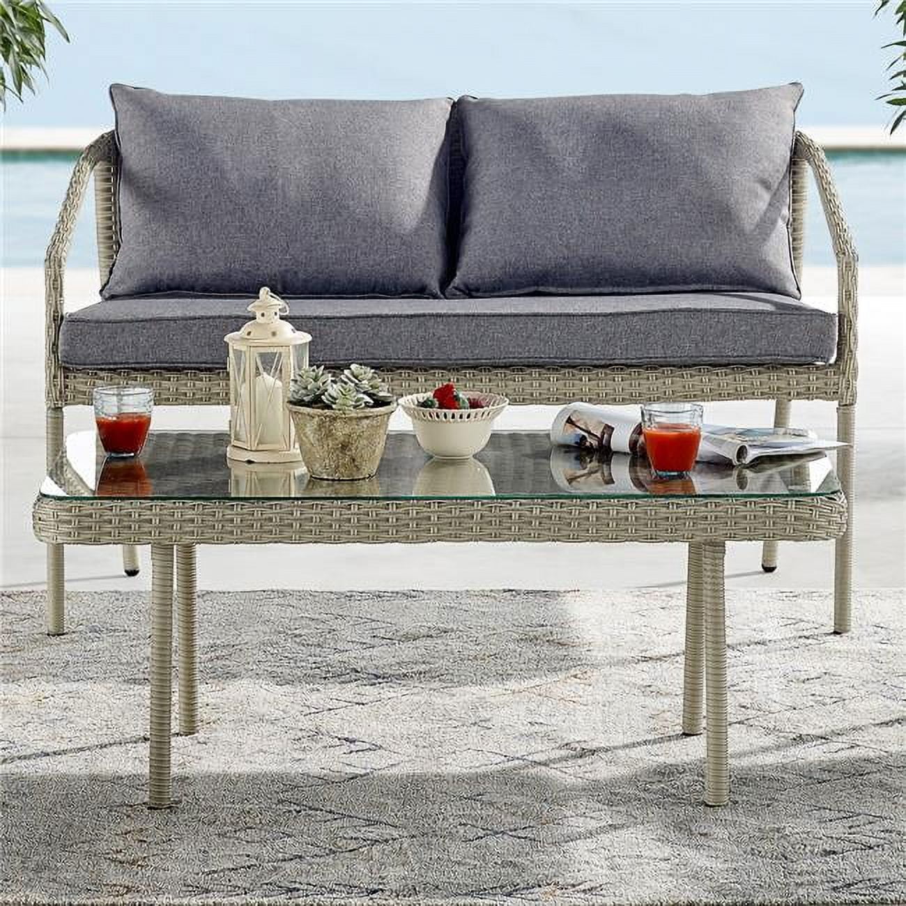 Windham Light Gray All-Weather Wicker Outdoor Coffee Table with Glass Top