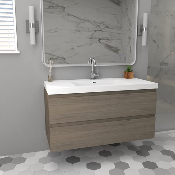 42 in wall mounted bathroom vanity with White sink, Two drawers with soft-close, Ash Grey finish