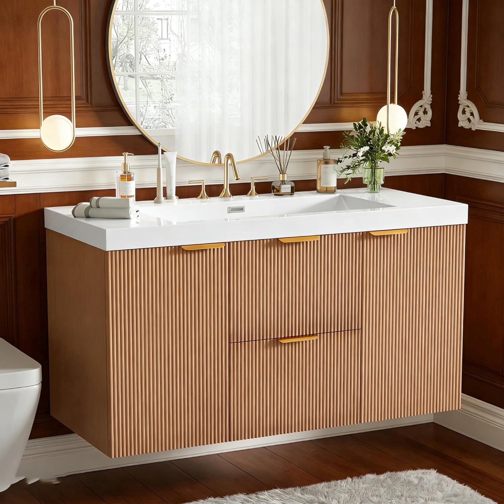 42 inch Bathroom Vanity with Sink Combo, Floating Single Sink Bathroom Vanities with SMC Resin Top, MDF Cabinet with Solid Wood Frame, Wall-Mounted Vanities for Small Bathrooms (42''-Wood)