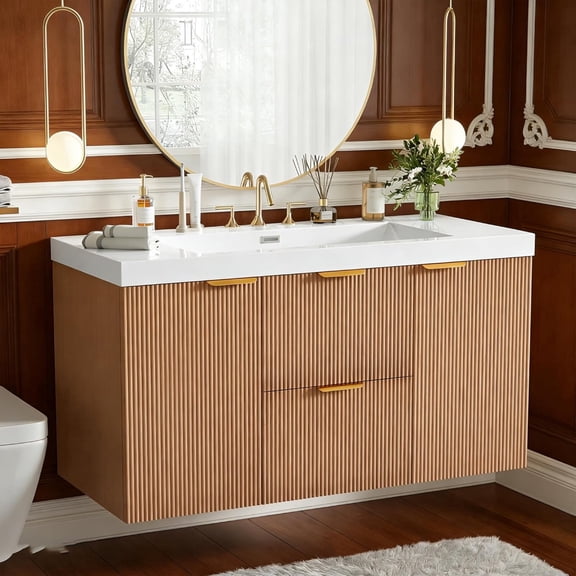 42 inch Bathroom Vanity with Sink Combo, Floating Single Sink Bathroom Vanities with SMC Resin Top, MDF Cabinet with Solid Wood Frame, Wall-Mounted Vanities for Small Bathrooms (42''-Wood)