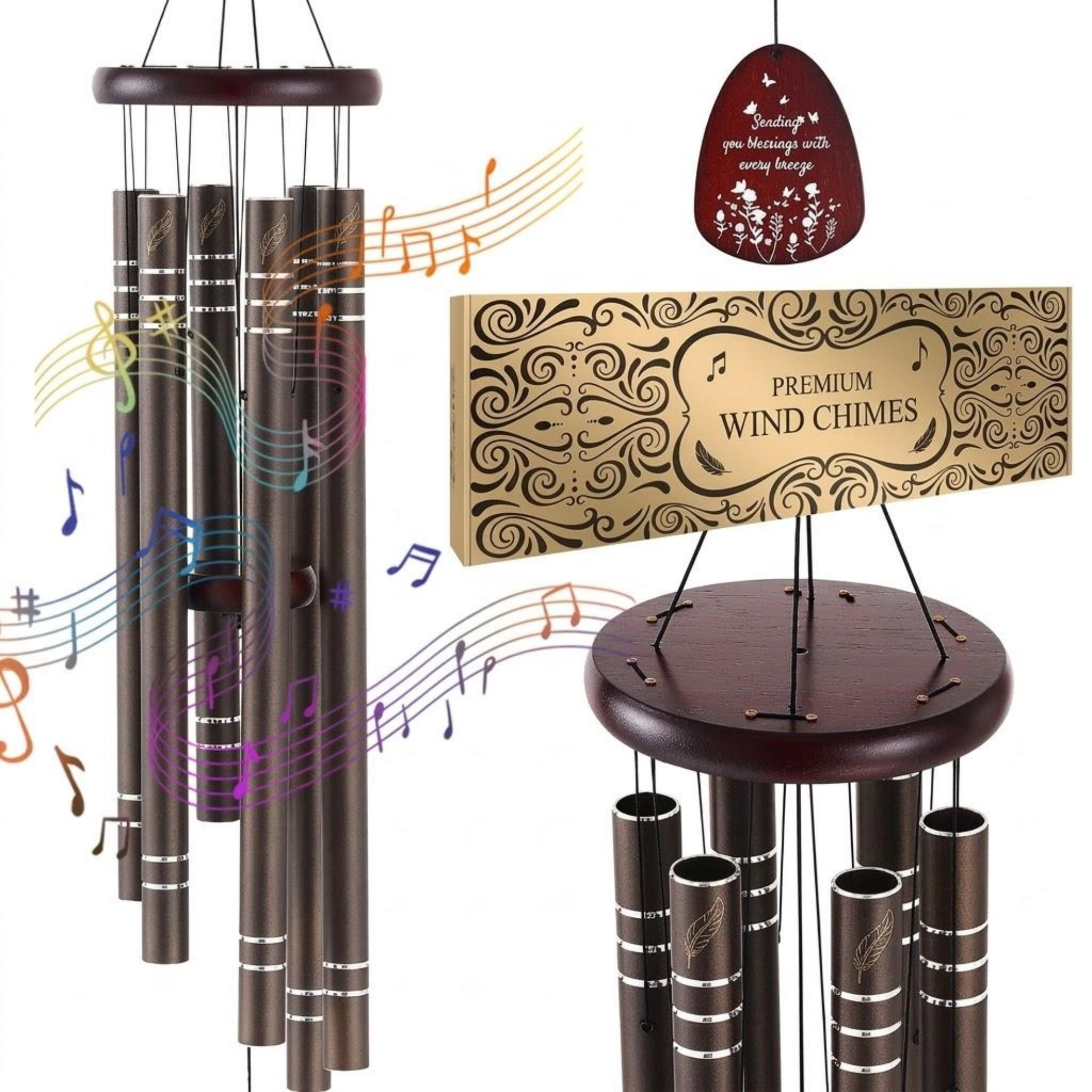 42-inch Deep Tone Wind Chimes for Outside, Large Memorial Wind Chimes with 6 Tubes, Dark Brown