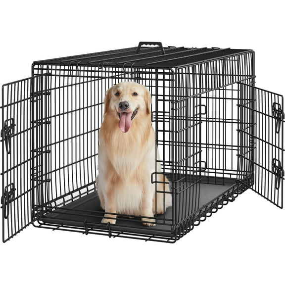 42 inch Dog Crate Double Door Dog Crate w/Divider for Puppy to Adult XL Collapsible Metal Dog Crate with Removable Tray Wire Dog Kennel Pet Crate for Large Dogs Portable Travel Cage, Black