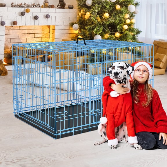 42 inch Dog Crate for Medium Large Dogs Folding Metal Dog Cage Kennel Double Door Pet Crate with Divider and Tray, Blue