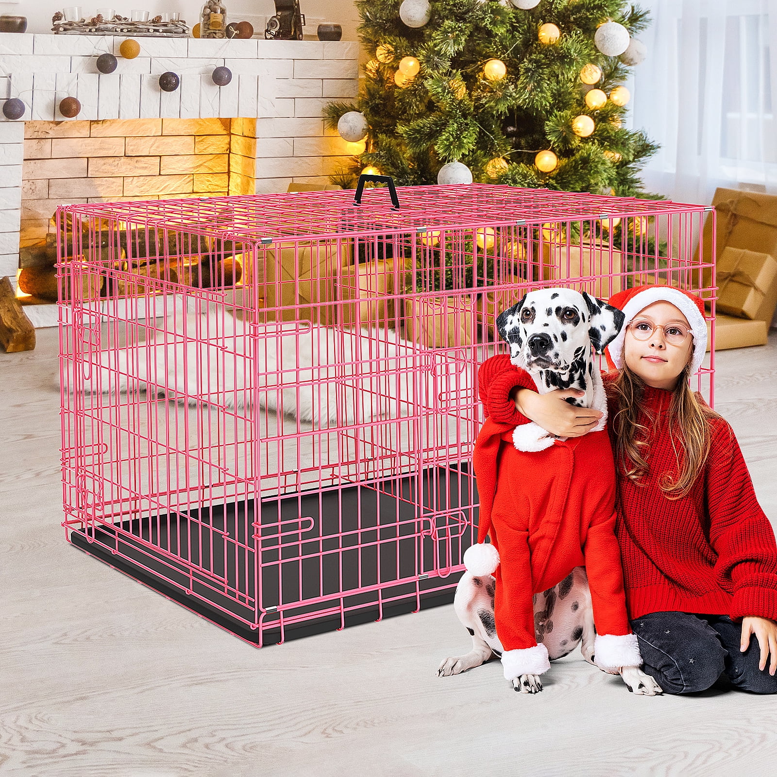 42 inch Dog Crate for Medium Large Dogs Folding Metal Dog Cage Kennel Double Door Pet Crate with Divider and Tray, Pink