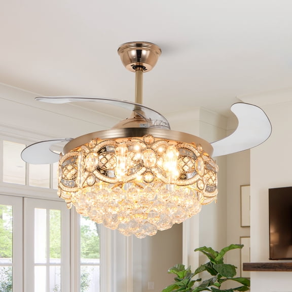 42-inch Gold Crystal Ceiling Fan with LED Light, 3 Color Temperatures & Remote Control, 5000 CFM Airflow, Invisible Blades Fan for Bedroom/Living Room