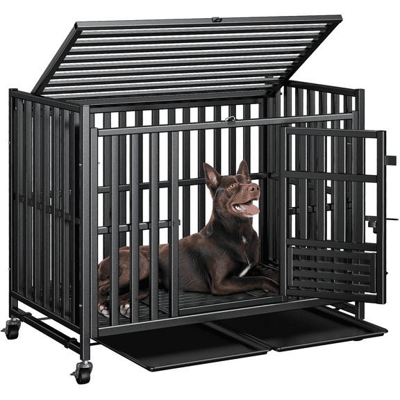 42 inch Heavy Duty Dog Crate, Indestructible Dog Crate for Large & High Anxiety Dogs, Escape Proof, Sturdy Heavy Duty Kennel with 3 Doors, 4 Lockable Wheels, 2 Removable Trays