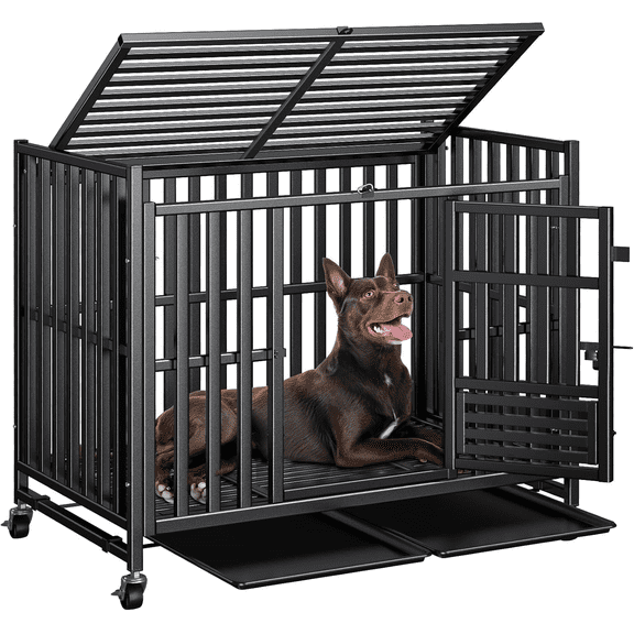 42 inch Heavy Duty Dog Crate, Indestructible Dog Crate for Large & High Anxiety Dogs, Escape Proof, Sturdy Heavy Duty Kennel with 3 Doors, 4 Lockable Wheels, 2 Removable Trays