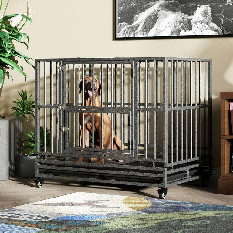 42 inch Heavy Duty Extra Large Indestructible Dog Crate Kennel Indoor with Separation Anxiety Lockable Wheels and Removable Tray