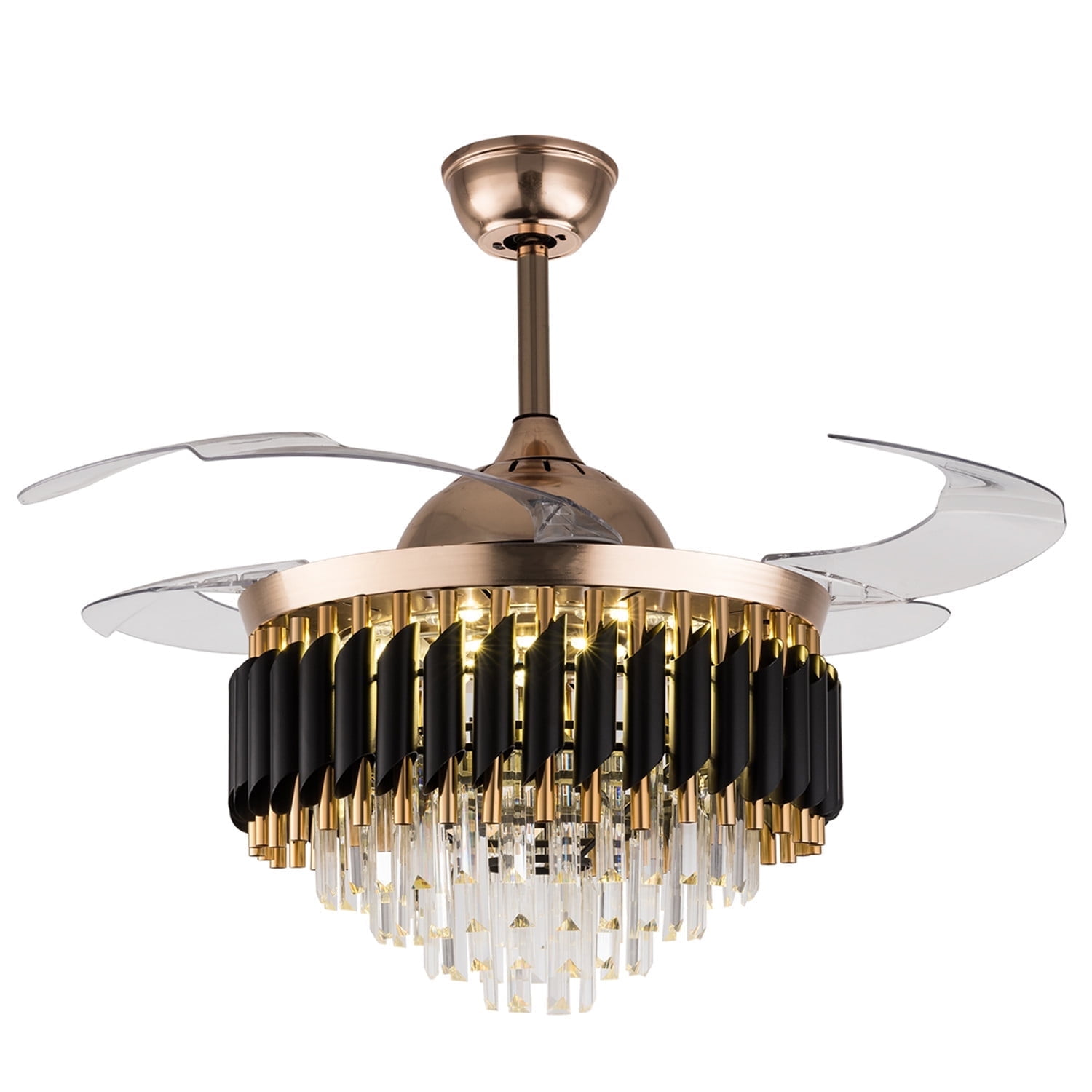 42 inch Modern Crystal Ceiling Fan with Light and Remote, Luxury 4-Blades Indoor Retractable LED Chandelier Ceiling Light Fixture for Living Room Bedroom Black and Gold