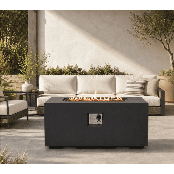 42-inch Outdoor Fire Pit Table, 50,000 Btu Propane Fire Pit, Lightweight Concrete Gas Fire Table with Lava Rocks, Burner Lid & Waterproof Cover, Rectangular Firepit for Patio Garden