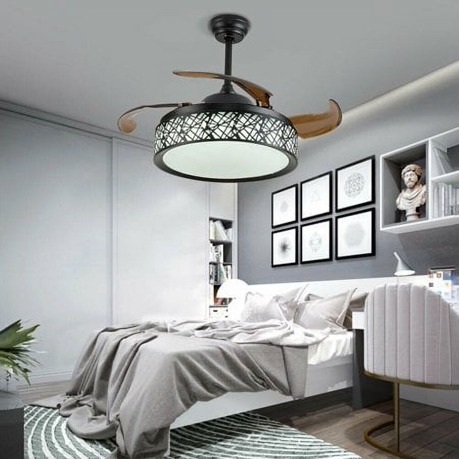Eapmic 36" Retractable Chandelier Fan With Light & Remote - Brown Painted Ceiling Fan For Living Room