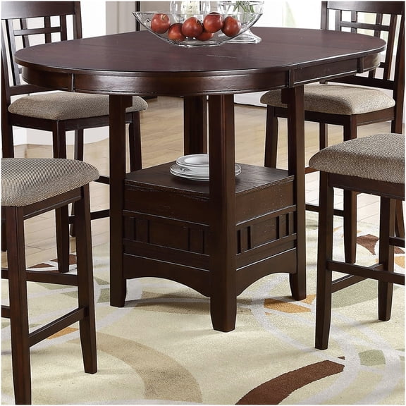 42 inch Round Counter Height Dining Table with Leaf and Storage Shelf, Solid Wood Modern Kitchen Table in Dark Rosy Brown Finish