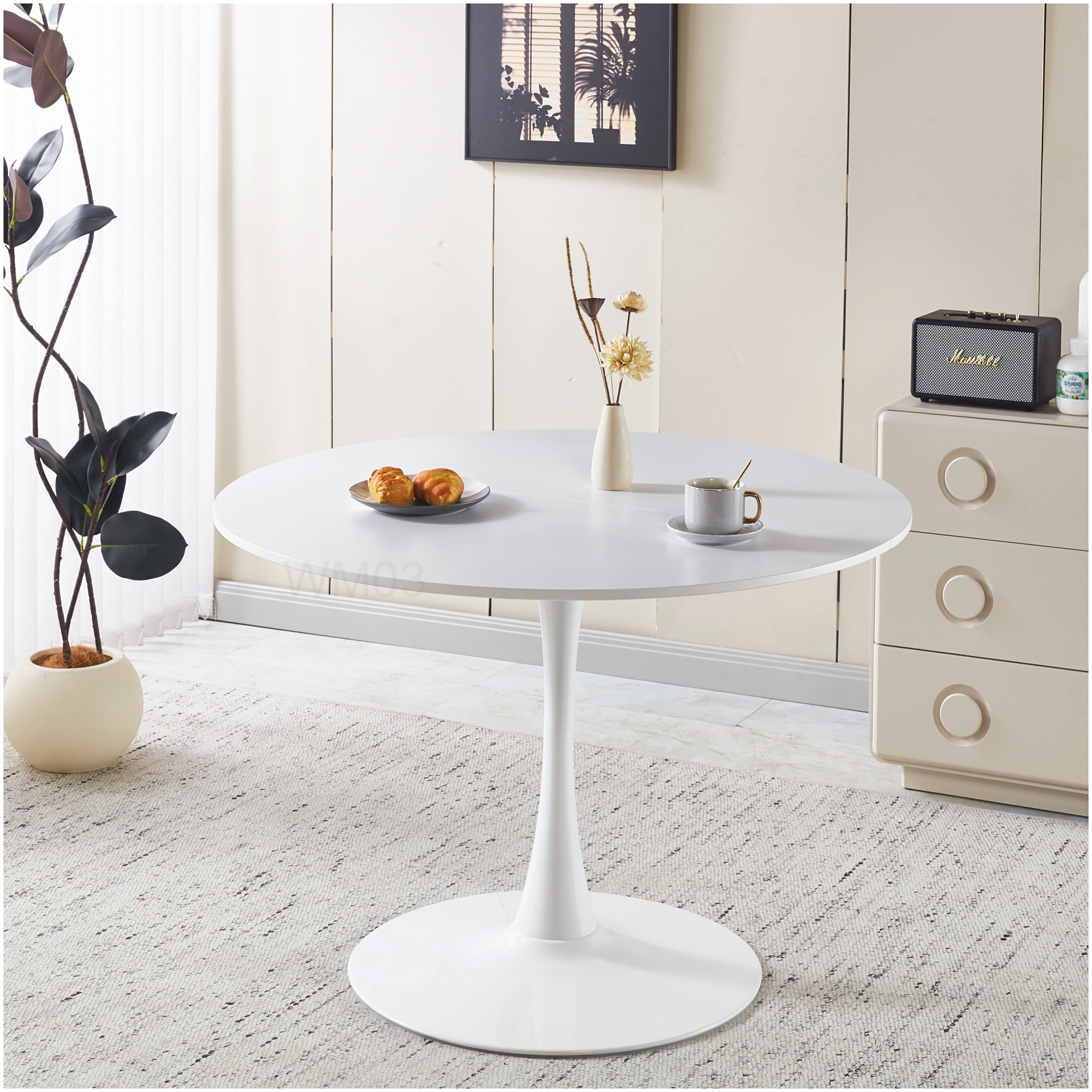 42 inch Round Pedestal Dining Table, White MDF Top Modern Kitchen Table ...