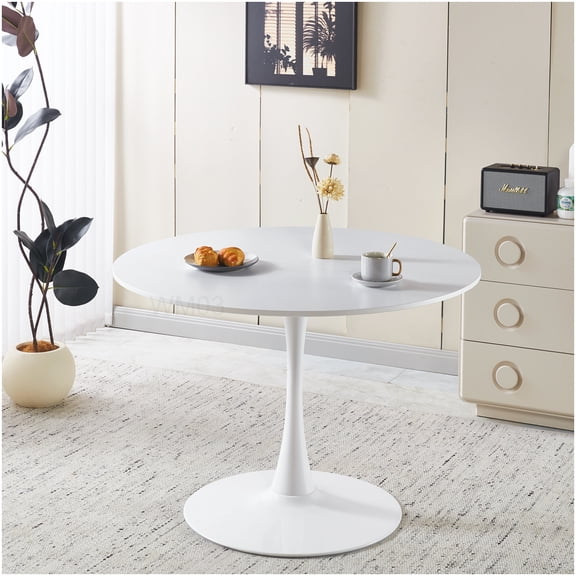 42 inch Round Pedestal Dining Table, White MDF Top Modern Kitchen Table for 4-6, Mid Century Tulip Base Design