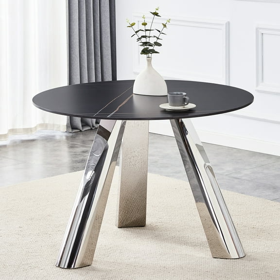 42-inch Round Table With Lasting Fascination Sintered Stone And Ss Burn Stainless Steel Legs For 4-6 Diners