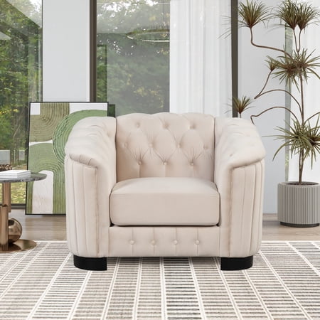 42 inch Single Sofa, 1-Person Velvet Couch with Button Tufted Back, Soft Tufted Seat with Thick Removable Seat Cushion, Mid Century Sofa with Rubber Wood Legs for Small Space