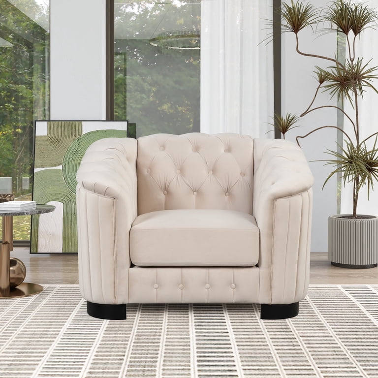 42 inch Single Sofa, 1-Person Velvet Couch with Button Tufted Back, Soft Tufted Seat with Thick Removable Seat Cushion, Mid Century Sofa with Rubber