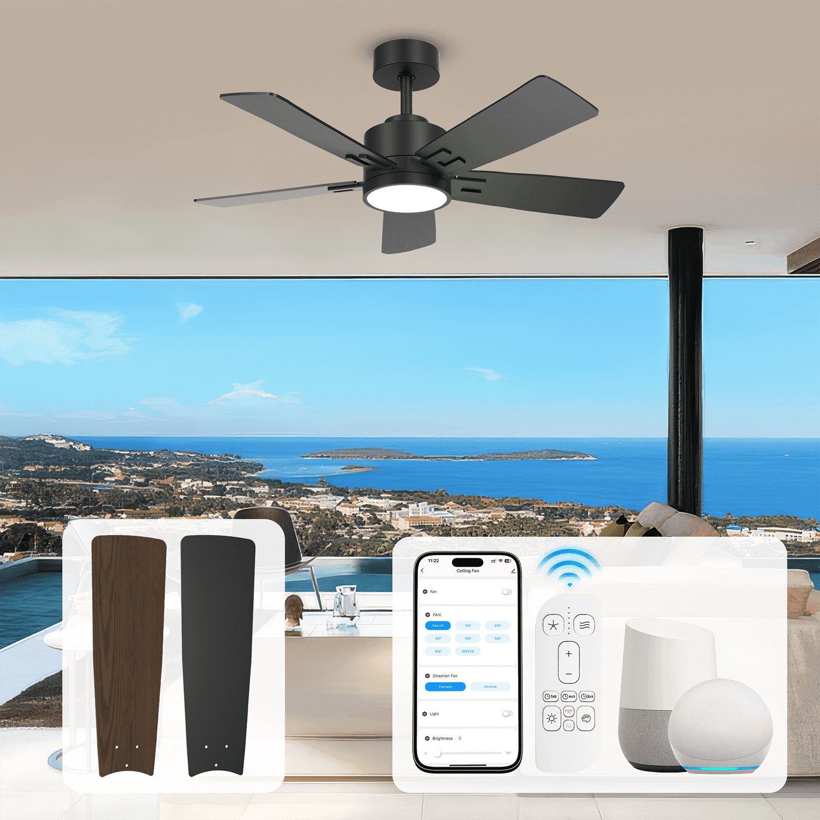 42 inch Smart Ceiling Fan with Light, Alexa/Tuya App Control, Indoor Outdoor Dual Finish 5 Blades Modern Farmhouse Small Fan for Bedroom Kitchen