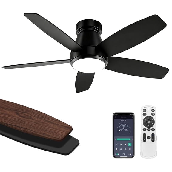 Ceiling Fans with Lights, 42-Inch Low Profile Flush Mount Ceiling Fan with Light and Remote Control, Reversible, 3CCT, Dimmable, Noiseless, Black Ceiling Fan Perfect for Bedroom and Living Room