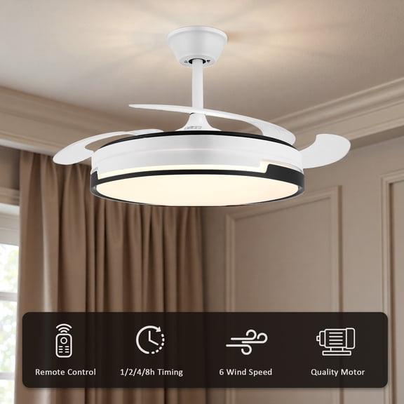 XYJBHB 42-inch retractable ceiling fan with lights, featuring a modern style with dimmable LEDs, 6-speed reversible motor, and a 1/2/4-hour timer function; for living rooms, bedrooms, and kitchens.