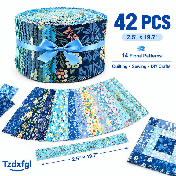 Jelly Roll Fabric Strips 2.5x19.7", 42 Pcs Blue Floral Cotton Bundles for Quilting & Sewing