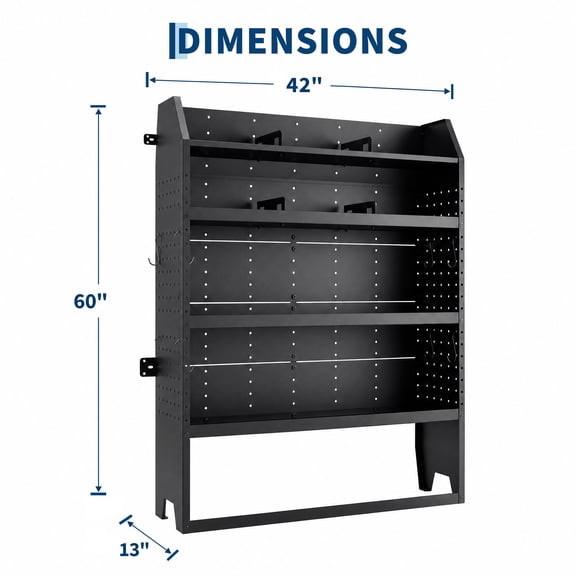 42" w x 60" h x 13"l Cargo Van Shelving, Heavy Duty Steel Van Storage Rack, Adjustable Tiered Unit, High Weight Capacity, Universal Fit for Ford Transit, Ram ProMaster, Mercedes Sprinter, Black