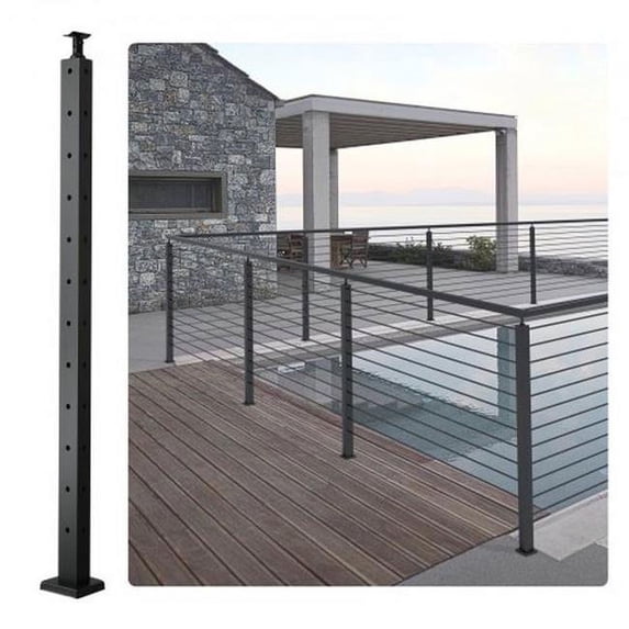 42 x 1 x 2 in. Steel L-Shaped Hole Corner Cable Railing Post with 12 Pre-Drilled Hole, Black