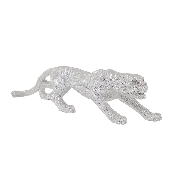 42" x 11" Silver Polystone Floor Leopard Sculpture with Carved Faceted Diamond Exterior, by DecMode