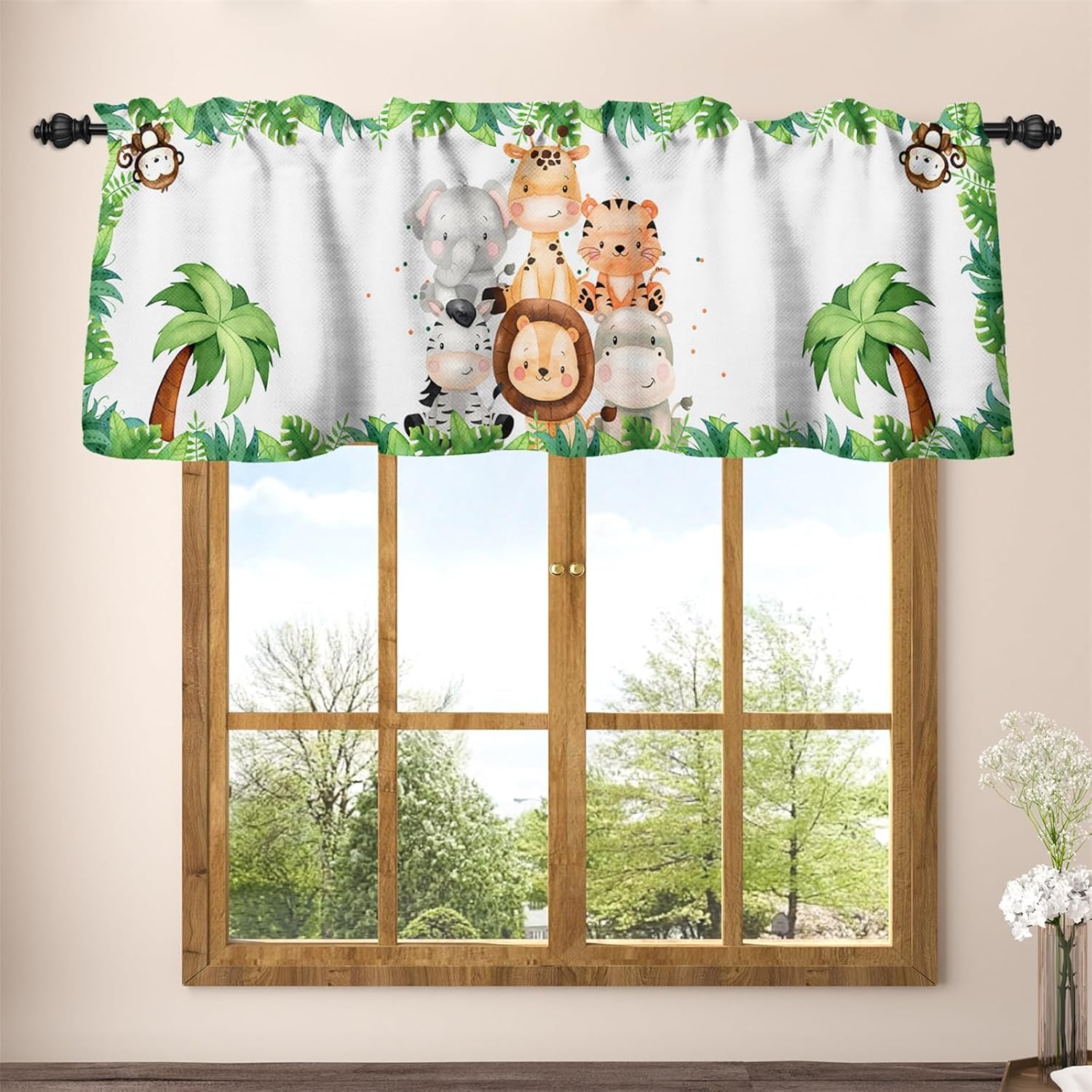 42 x 18 Inch Baby Safari Animals Linen Curtain Valance for Nursery