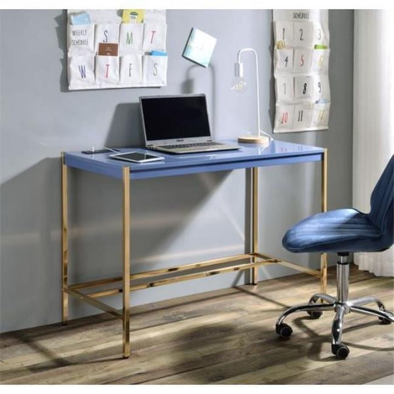 Navy Blue & Gold 45" Wood Writing Desk with USB & Drawer