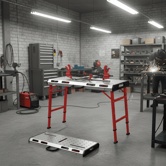 42" x 21" Heavy Duty Welding Table with 2 Bar Clamps, 1000 LBS Capacity Portable Folding Workbench for Welding, Metal Fabrication & Garage Projects | 7 Height Adjustable & Galvanized Slotted Top