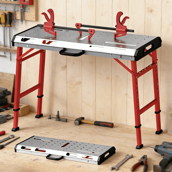 42" x 21" Heavy Duty Welding Table with 2 Bar Clamps, 1000 lbs Capacity Folding Workbench 7-Level Adjustable Height 27.7-36.7" Galvanized Metal Top Portable Bench for Garage Workshop Fabrication