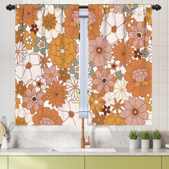 42 x 54 Inch 70S Floral Kitchen Curtains for Half Window Orange Flower Pattern Aesthetic Boho Rod Pocket Curtain Linen Texture Small Short Window Treatment Drapes for Bathroom Bedroom 2 Panels