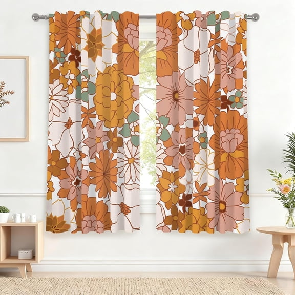 42 x 63 Inch 70S Floral Kitchen Curtains for Half Window Orange Flower Pattern Aesthetic Boho Rod Pocket Curtain Linen Texture Small Short Window Treatment Drapes for Bathroom Bedroom 2 Panels