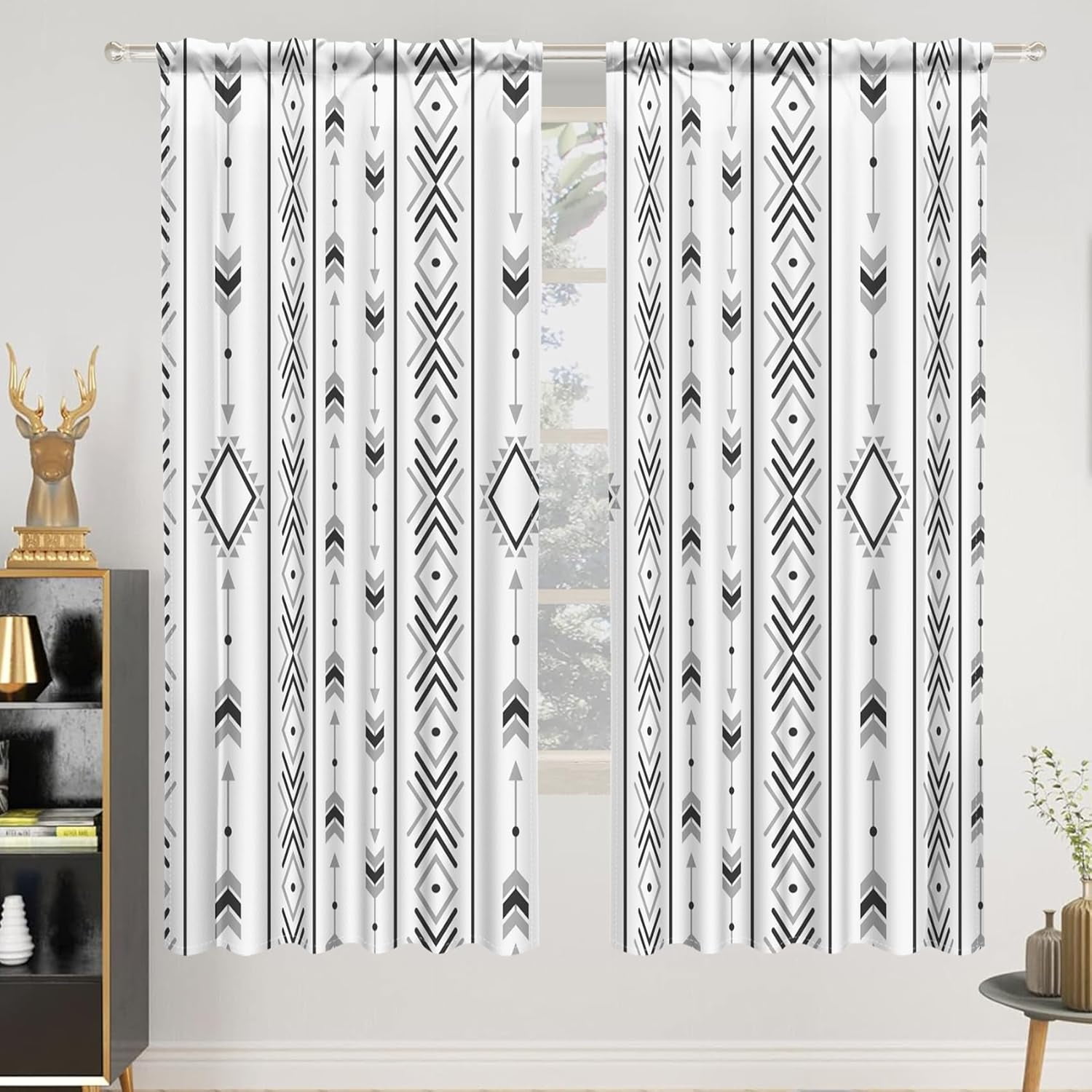 42 x 63 Inch Boho Linen Curtains for Bedroom Living Room Farmhouse Boho Curtains Rod Pocket Geometric Striped Patterned Light Filtering Thermal Insulated Window Drapes Black On Beige 2 Panels