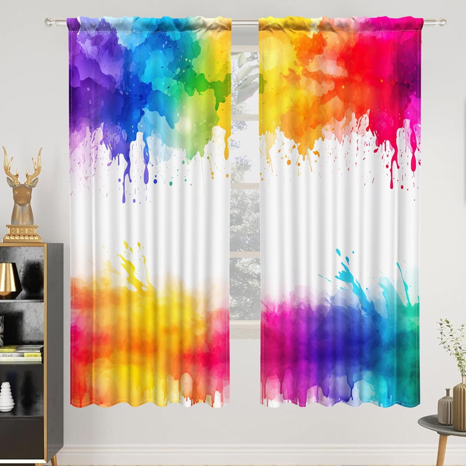 42 x 63 Inch Colorful Splash Paint Window Curtains Rainbow Colored Paint Splatter Rod Pocket Curtain Decor for Bedroom Living Dining Room Creative Art Window Drapes Linen 2 Panels