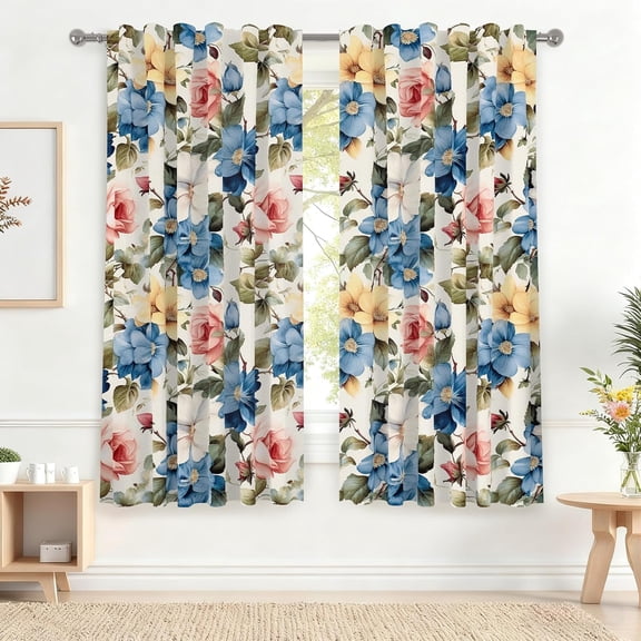 42 x 63 Inch Floral Curtains for Bedroom Living Room Room Darkening Linen Textured Flower Pattern Curtains Printed Drapes with Rod Pocket Farmhouse Country Decorative Curtains 2 Panels
