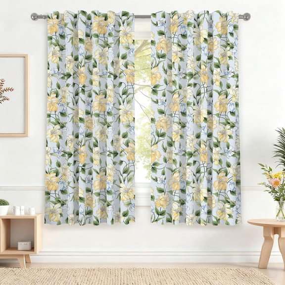 42 x 63 Inch Floral Decorative Curtains for Bedroom Living Room Darkening Yellow Flower Green Leaf Print Thermal Insulated Soundproof Spring Window Treatment Rod Pocket Drapes Linen 2 Panels
