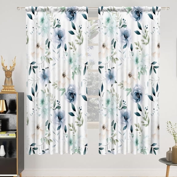 42 x 63 Inch Flower Kitchen Tier Curtains for Window Light Yellow Blue Green Flowers Farmhouse Short Mini Curtain Linen Short Drapes Window Treatment for Bedroom Bathroom Rod Pocket 2 Panels