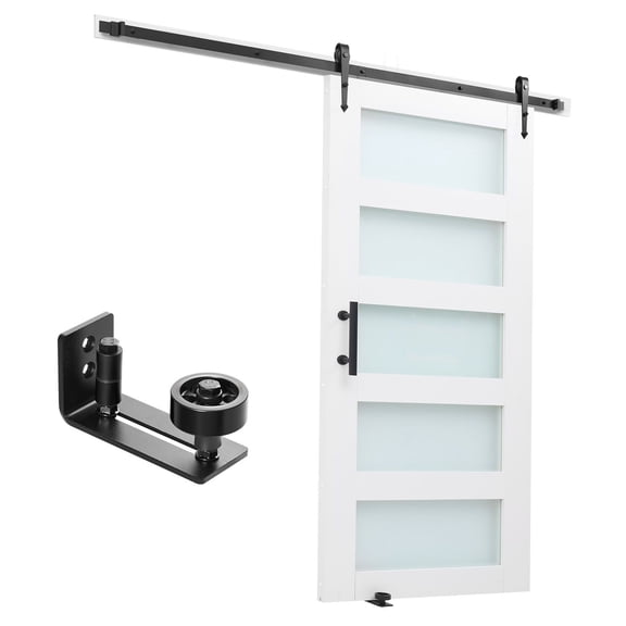 42 x 84 Inch Sliding Barn Door High Strength MDF Panel Glass Waterproof PVC Surface H Frame Hardware Kit Smooth Quiet Sliding Easy Install for Living Room