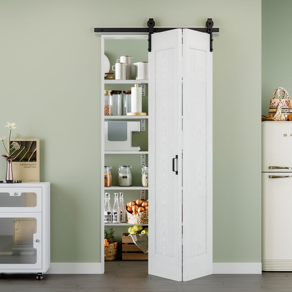 42'' x 84'' Molded Bifold Barn Doors and Hardware Included, White Smooth Paintable Pre-assembled Solid Core Panels & Bi-fold Barn Door Hardware Kit, 1 Panel Design-Fit Max Opening 42in x 84in