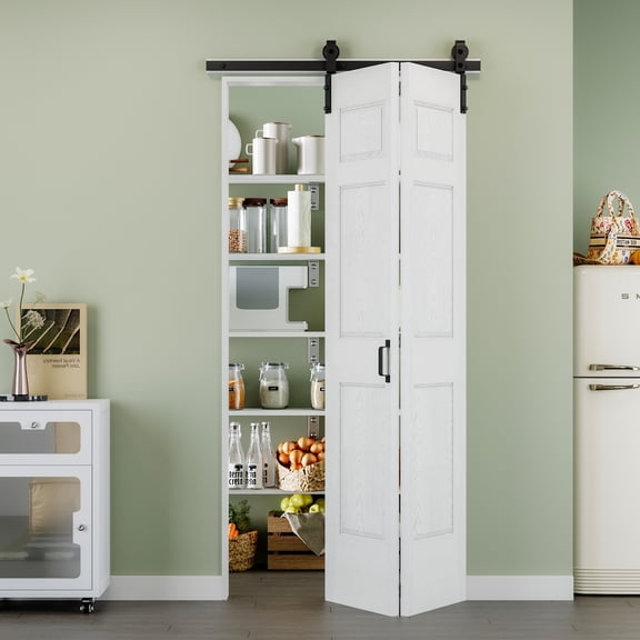42'' x 84'' Molded Bifold Barn Doors and Hardware Included, White Smooth Paintable Pre-assembled Solid Core Panels & Bi-fold Barn Door Hardware Kit, 6 Panel Design-Fit Max Opening 38in x 84in