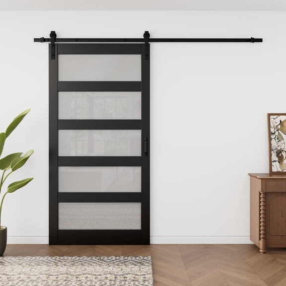 42'' x 84'' Sliding Glass Barn Doors and Hardware Included, Black Wood Texture Panels & Tempered Frosted Glass & Barn Door Hardware Kit, Easy Assembly with Pre-Drilled Holes, 5 Panel