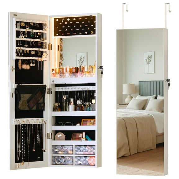 42"x14" Lockable Jewelry Cabinet with LED Lights, Wall or Door Mounted Armoire with Mirror, Jewelry Oragnizer with Built-in Makeup Mirror, Full Length Mirror with Storage, White