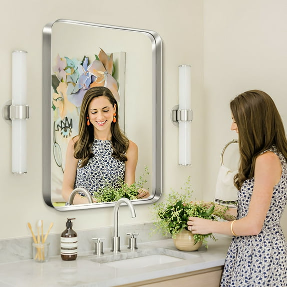 42"x32" Aluminum Alloy Wall Mount Rounded Corner Rectangular Mirror,Silver