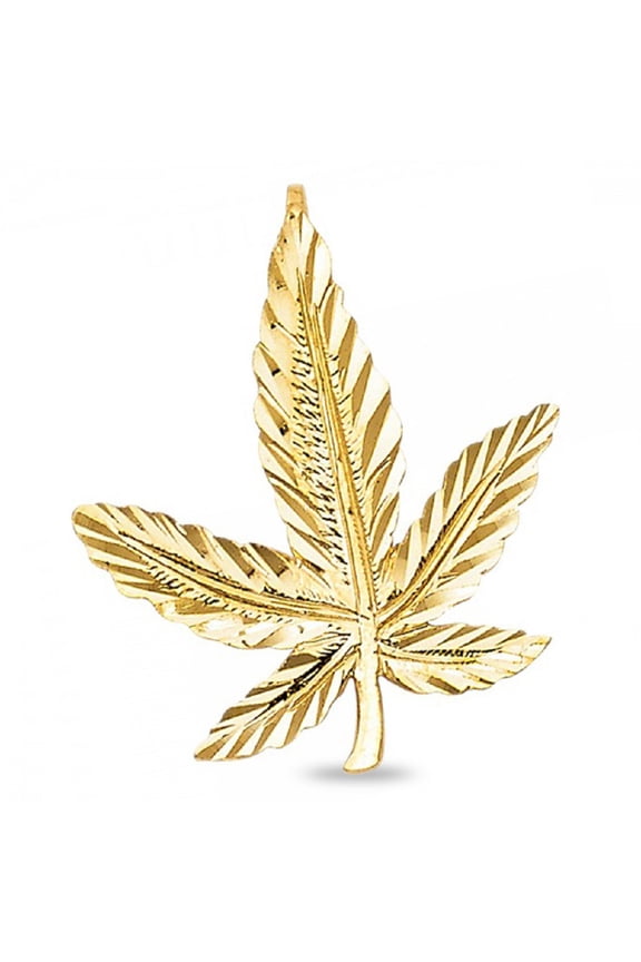 420 Cannabis Pot Charm Solid 14k Yellow Gold Marijuana Leaf Pendant Diamond Cut 25 x 22 mm