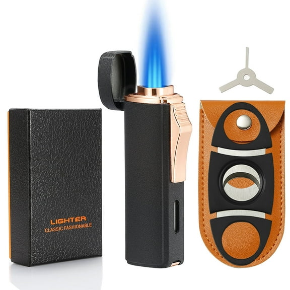 420 Carbon Steel Cutter and Lighter Set, Built-in Punch, Triple Jet Flame Butane Torch Lighter, Refillable Windproof Gas Lighter, Black. (Sold Without Gas)